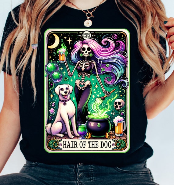funny tarot card witchy png dog mum Halloween drinking shirt png sarcastic skeleton witch tarot dog lover png hair of the dog beer digital