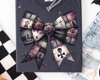 Graveyard Gothic Patchwork Bow PNG, Grunge Coquette Halloween Clipart, Skull Rose Ribbon PNG for Shirts, Cemetery Clipart Download