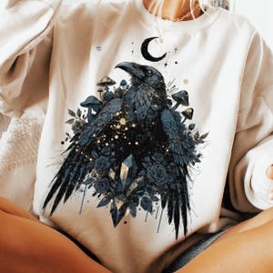 Celestial Raven PNG Dark Academia Gothic Art, Witchy Raven Shirt Design, Crystal Crow Clipart, Halloween Mystical Sublimation PNG