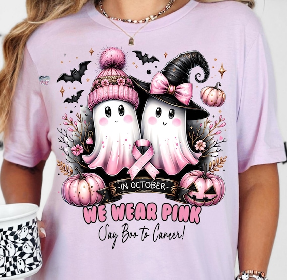 in october we wear pink ghost PNG breast cancer awareness clipart halloween cute spooky season PNG say boo to cancer is boo sheet digital