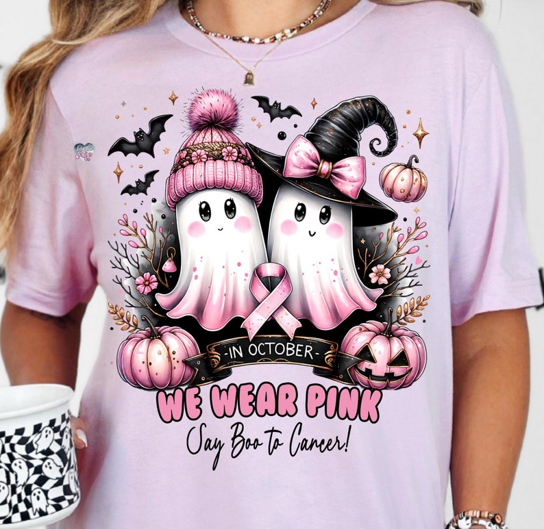 in october we wear pink ghost PNG breast cancer awareness clipart halloween cute spooky season PNG say boo to cancer is boo sheet digital