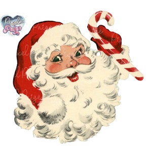 May include: A vintage illustration of Santa Claus with a white beard and red hat holding a candy cane. The candy cane is red and white striped.