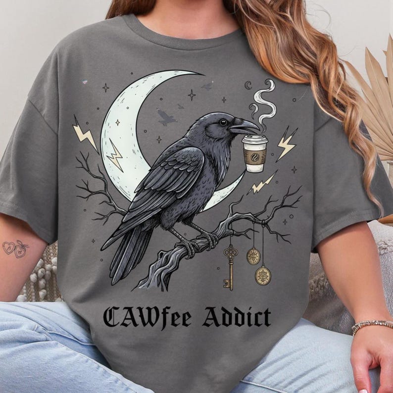 CAW coffee Addict Crow PNG, Funny Raven Coffee Clipart, Gothic Halloween PNG, Dark Academia Crow Design, Witchy Coffee Sublimation Art
