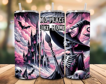 gothic girly pink coquette halloween 20 oz skinny tumbler wrap PNG pink bow halloween skeleton witch PNG sublimation spooky digital download