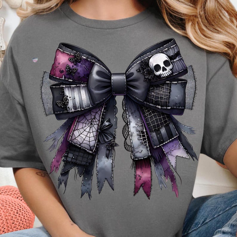 Cursed Gothic Patchwork Coquette Bow PNG, Grunge Halloween Ribbon Clipart, Spiderweb Skull Bow PNG for Shirts, Digital Download