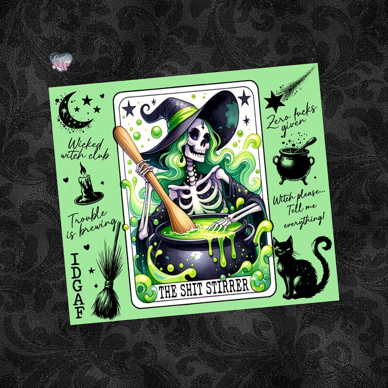 Vaso delgado de 20 oz con diseño de cartas de tarot de bruja sarcástica, envoltura de vaso con estética de bruja, esqueleto de terror, sublimación PNG, vaso de Halloween digital imagen 3