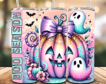 Pastel pink pumpkin halloween 20 oz skinny tumbler PNG spooky boo season cute ghost pumpkins tumbler wrap design boo crew digital download