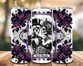 Gothic Wedding Tumbler Wrap, 20oz Skinny Sublimation Tumbler goth bride and groom Sublimation Design purple black roses Tumbler PNG Download