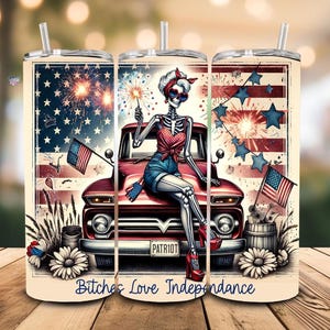 Bitches Love Independence Tumbler Wrap PNG, Patriotic Skeleton July 4th 20oz Skinny Cup Design, Vintage Red Truck Firework Clipart