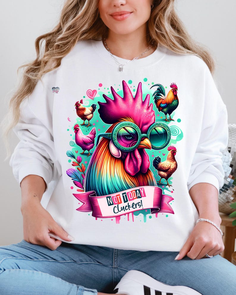 May include: White sweatshirt with a colorful rooster wearing sunglasses and the text "Not Today Cluckers!" printed on it.