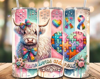 Autism Awareness Highland Cow PNG Puzzle Piece Clipart Coquette Bow Autism Sublimation Neurodiverse Design Distressed Brushstroke digital