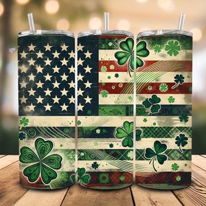 May include: Three stainless steel tumblers with a distressed American flag design and green four-leaf clover patterns.