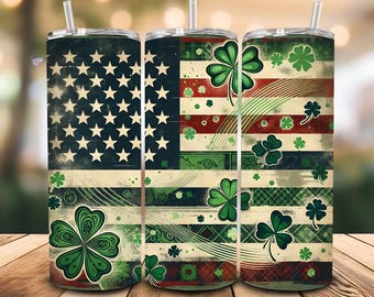 Envoltura de vaso delgado de 20 oz para el Día de San Patricio, trébol verde, bandera estadounidense PNG, clipart vintage desgastado, vaso irlandés de la suerte, San Patricio patriótico