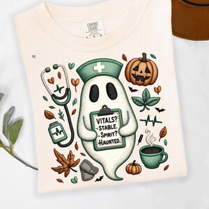 Vitals Stable Spirit Haunted Nurse Ghost PNG, Faux Embroidered Halloween RN Shirt Sublimation, Cozy Burnout Medical Fall Design