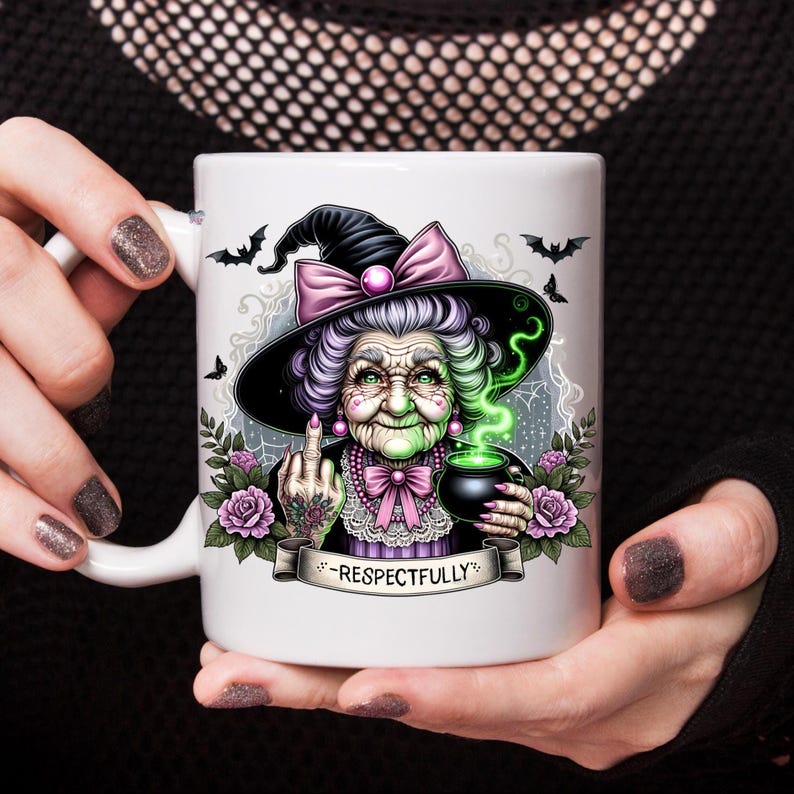 Respectfully Witch Grandma PNG Clipart, Sassy Green Witch Middle Finger Teacup Cauldron Halloween Shirt Sublimation Digital Download