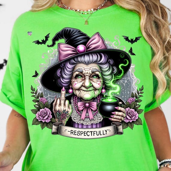 Respectfully Witch Grandma PNG Clipart, Sassy Green Witch Middle Finger Teacup Cauldron Halloween Shirt Sublimation Digital Download