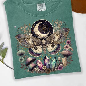 Celestial lunar moth PNG vintage moth crystals clipart cottagecore shirt boho mushroom PNG witchy aesthetic mystical moon digital art