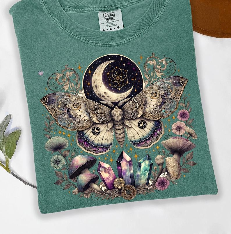 Celestial lunar moth PNG vintage moth crystals clipart cottagecore shirt boho mushroom PNG witchy aesthetic mystical moon digital art