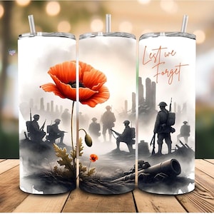May include: Three stainless steel tumblers with a Remembrance Day theme. The tumblers feature a poppy flower, silhouettes of soldiers, and the text "Lest We Forget".