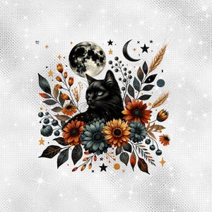 Celestial Black Cat PNG Clipart, Gothic Halloween Floral Cat Art, Autumn Full Moon Sunflowers Mystical Cat PNG Digital Download