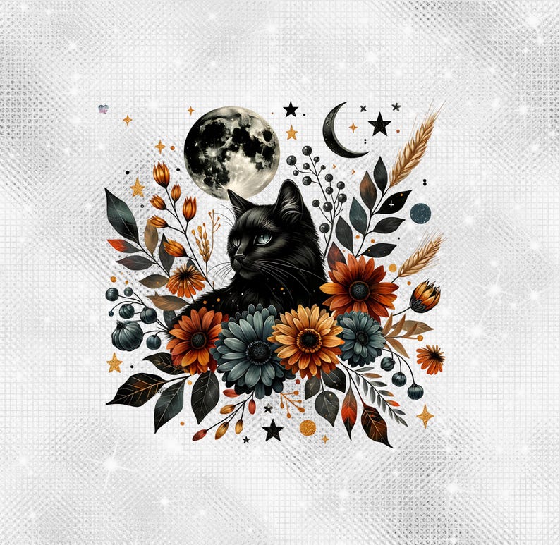 Celestial Black Cat PNG Clipart, Gothic Halloween Floral Cat Art, Autumn Full Moon Sunflowers Mystical Cat PNG Digital Download