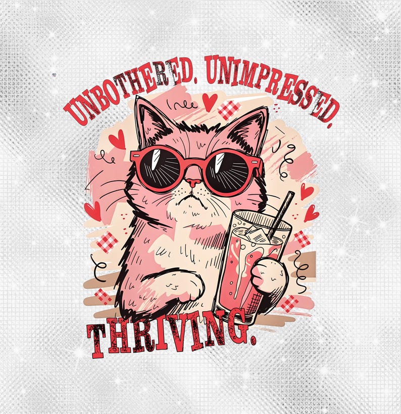 May include: A pink cat wearing red sunglasses and holding a glass of pink drink with ice and a straw. The image includes the text "UNBOTHERED, UNIMPRESSED, THRIVING." Decorative hearts and swirls surround the cat.