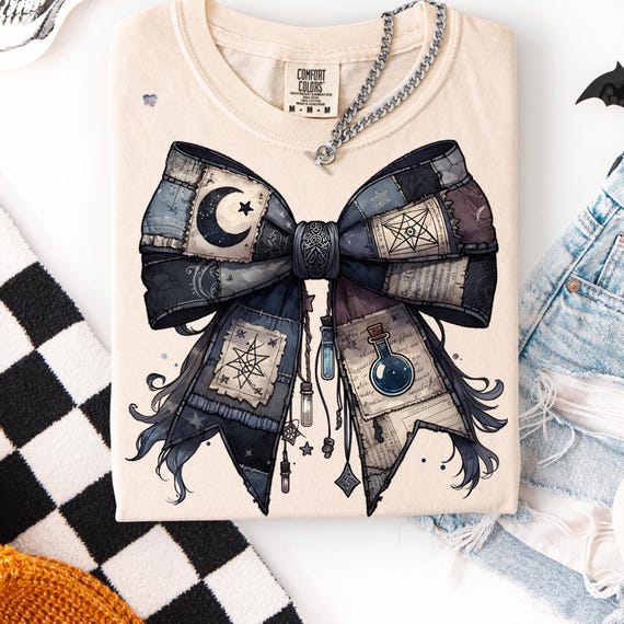 Potion Spell Patchwork Bow PNG Gothic Witchy Halloween Shirt Design Vintage Grunge Witch Bow Clipart Spooky Dark Academia Sublimation
