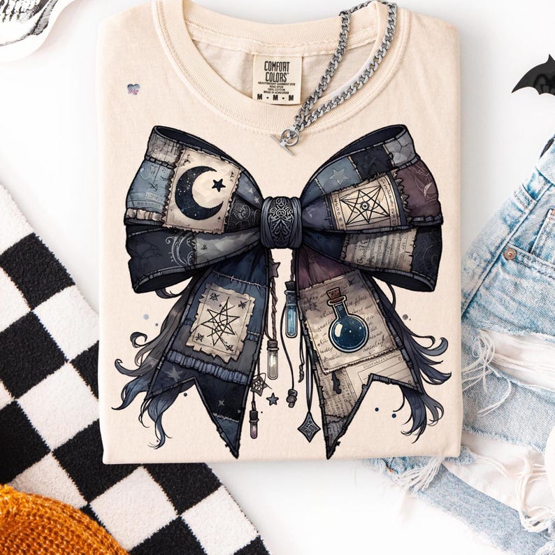 Potion Spell Patchwork Bow PNG Gothic Witchy Halloween Shirt Design Vintage Grunge Witch Bow Clipart Spooky Dark Academia Sublimation