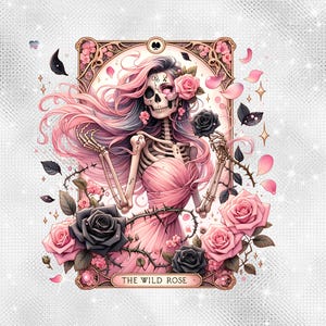 La rose sauvage Tarot carte PNG, Clipart squelette gothique Pastel, Sublimation gothique floral, Tarot squelette romantique Art numérique