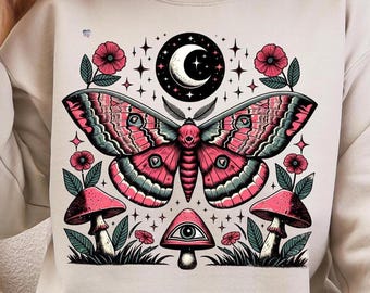 Luna Moth PNG, Celestial Cottagecore Clipart, Mystical Moon Graphic, Green Witch Aesthetic, Boho Mushroom PNG, Witchy Digital Art
