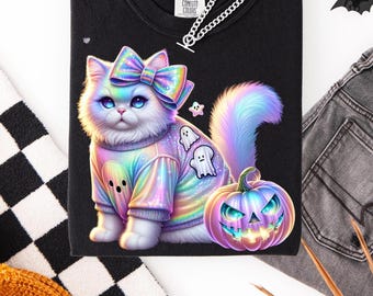 Pastel Goth Halloween Cat PNG Iridescent Kitten with Ghost Sweater Pumpkin Kawaii Spooky Digital Download for Shirts & Tumblers