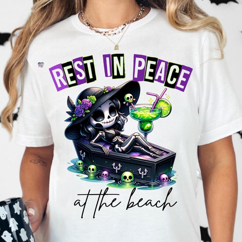 Rest In Peace at the Beach PNG Cute Goth Skeleton Girl Clipart Coffin Floaty Summerween Art Hot Goth Summer PNG Spooky digital