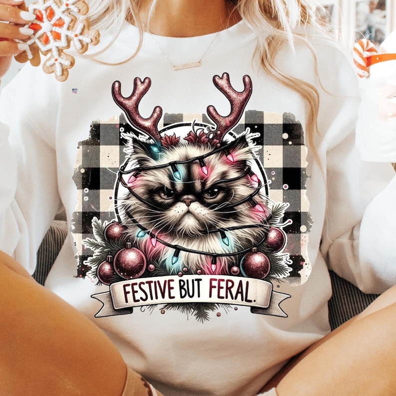 Festive but Feral Christmas Cat PNG Funny Grumpy cat Holiday Clipart Sarcastic Xmas Cat shirt ornament mug Design