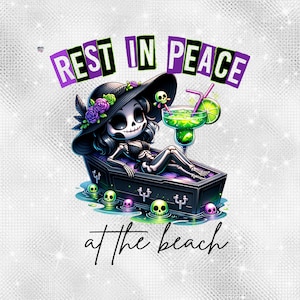 Rest In Peace at the Beach PNG Cute Goth Skeleton Girl Clipart Coffin Floaty Summerween Art Hot Goth Summer PNG Spooky digital