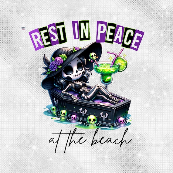 Rest In Peace at the Beach PNG Cute Goth Skeleton Girl Clipart Coffin Floaty Summerween Art Hot Goth Summer PNG Spooky digital