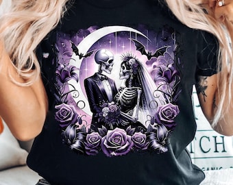 Goth Wedding PNG Skeleton Bride and Groom Clipart Gothic Couple Sublimation Design Purple Roses PNG Crescent Moon and Bats PNG digital