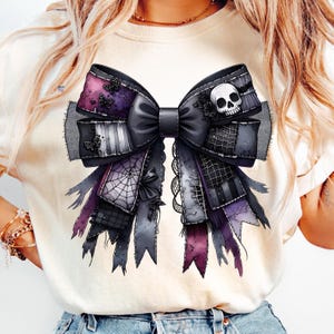 Cursed Gothic Patchwork Coquette Bow PNG, Grunge Halloween Ribbon Clipart, Spiderweb Skull Bow PNG for Shirts, Digital Download