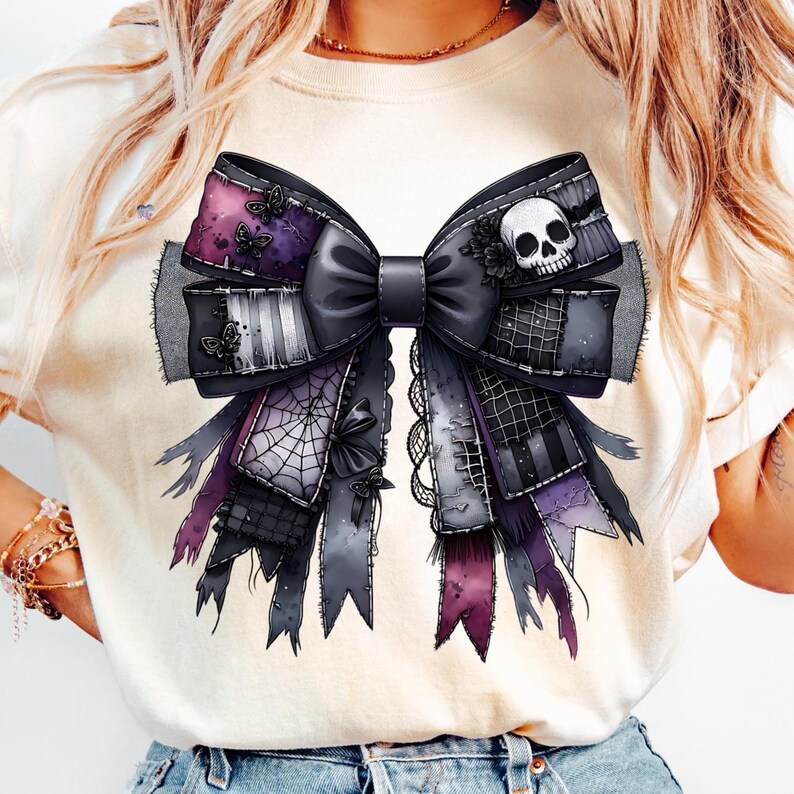 Cursed Gothic Patchwork Coquette Bow PNG, Grunge Halloween Ribbon Clipart, Spiderweb Skull Bow PNG for Shirts, Digital Download