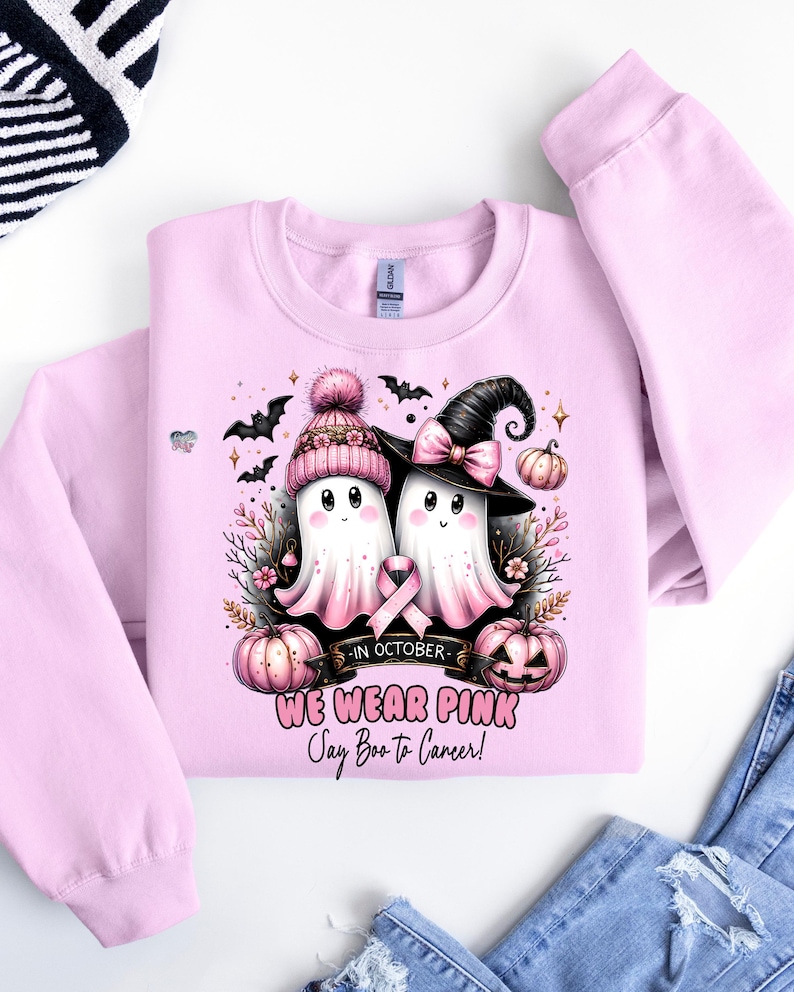 in october we wear pink ghost PNG breast cancer awareness clipart halloween cute spooky season PNG say boo to cancer is boo sheet digital