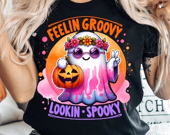 groovy halloween spöke PNG retro hippie spöke PNG läskig säsong halloween skjorta PNG hippie halloween spöke och pumpa sublimering digital