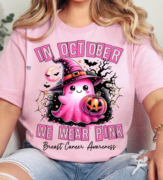 in october we wear pink ghost PNG breast cancer awareness clipart halloween cute spooky season PNG say boo to cancer is boo sheet digital
