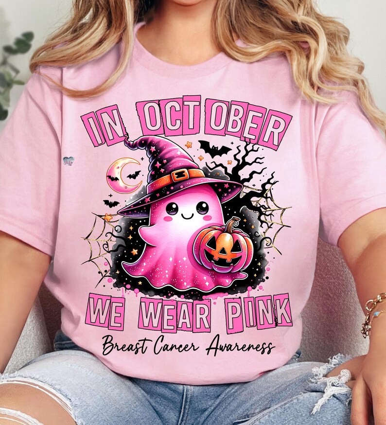 En octobre, nous portons du rose fantôme PNG clipart de sensibilisation au cancer du sein halloween mignon saison effrayante PNG say boo to cancer is boo feuille numérique image 1