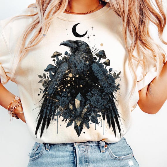 Celestial Raven PNG Dark Academia Gothic Art, Witchy Raven Shirt Design, Crystal Crow Clipart, Halloween Mystical Sublimation PNG