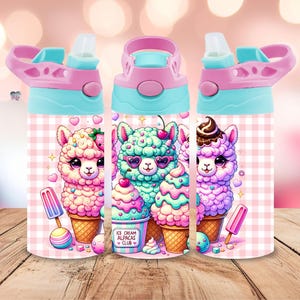 May include: Three water bottles with pink and blue lids, featuring cartoon llamas with ice cream cone bodies. The bottles have a pink and white checkered pattern. One bottle has the text "Ice Cream Alpacas Club".