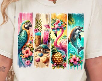 Tropical Flamingo Beach PNG, Summer Brushstroke Sublimation, Ocean Animals Shirt PNG, Cute Sea Turtle Clipart, Retro Beach PNG