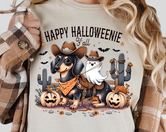 happy halloweenie yall Western Dachshund PNG niedlichen Cowboy Geisterreiten Würstchen Hund Clipart niedlichen Dackel Hund Hemd PNG gruselige Saison digital