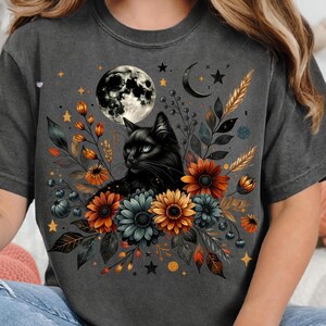Celestial Black Cat PNG Clipart, Gothic Halloween Floral Cat Art, Autumn Full Moon Sunflowers Mystical Cat PNG Digital Download