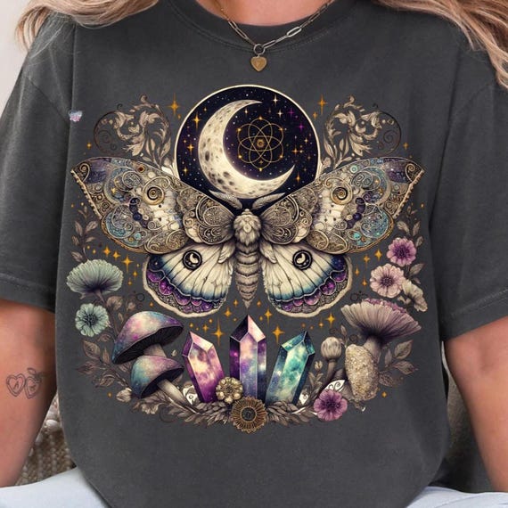 Celestial lunar moth PNG vintage moth crystals clipart cottagecore shirt boho mushroom PNG witchy aesthetic mystical moon digital Halloween