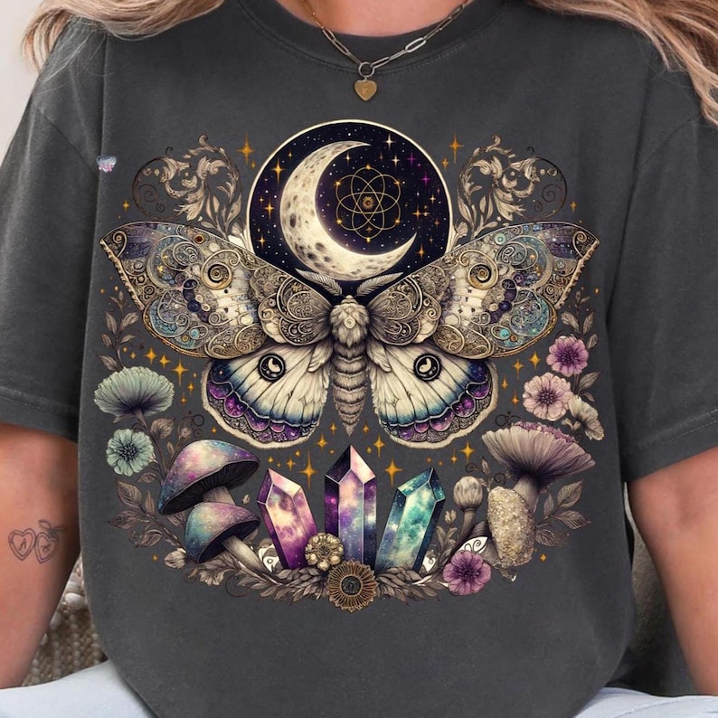 Celestial lunar moth PNG vintage moth crystals clipart cottagecore shirt boho mushroom PNG witchy aesthetic mystical moon digital art
