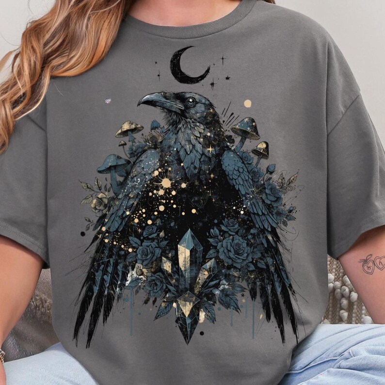 Celestial Raven PNG Dark Academia Gothic Art, Witchy Raven Shirt Design, Crystal Crow Clipart, Halloween Mystical Sublimation PNG